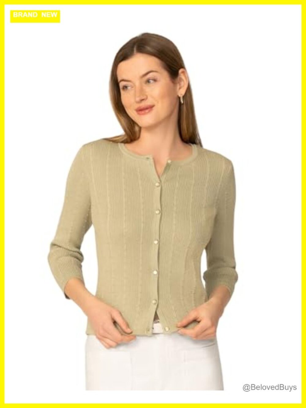 Textured Rib Knit Button Front Cardigan 3/4 Sleeve Crewneck Women's Sweater
